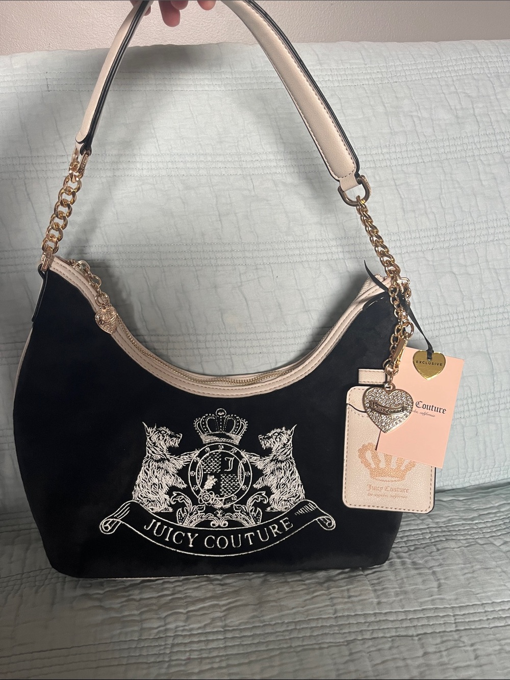 Exclusive Juicy Couture Black and Cream Logo Shoulder Bag with Gold Accents